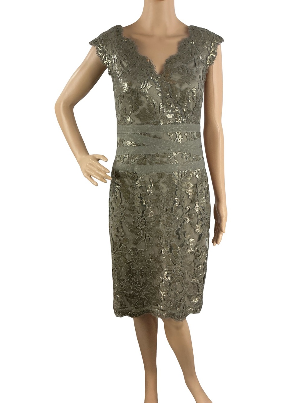 Tadashi Shoji Paillette Embroidered Lace V-Neck Dress Smoke Pearl Size 4